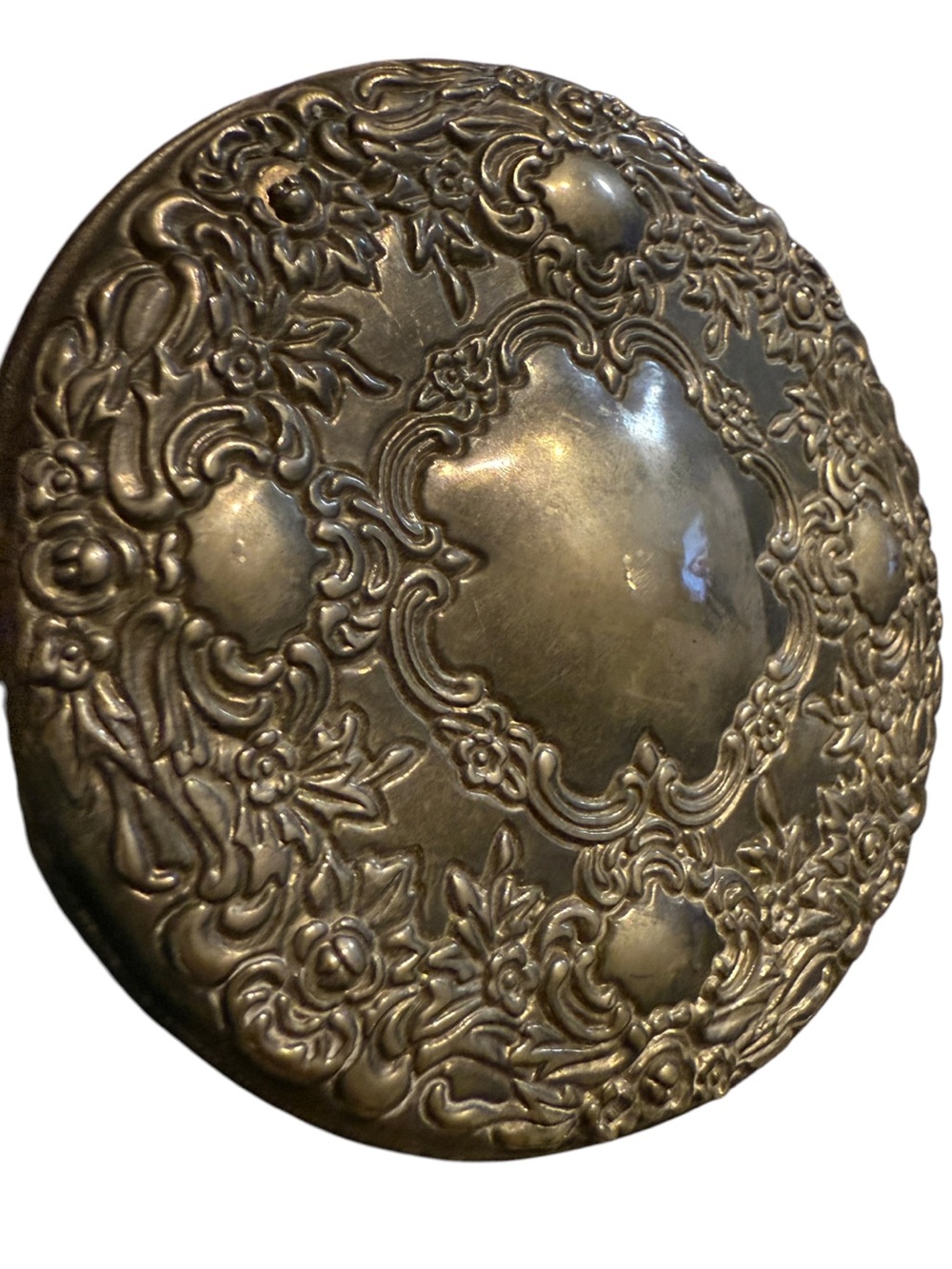 Vintage Towle Sterling Silver Round Pocket Mirror Repousse Floral Scroll